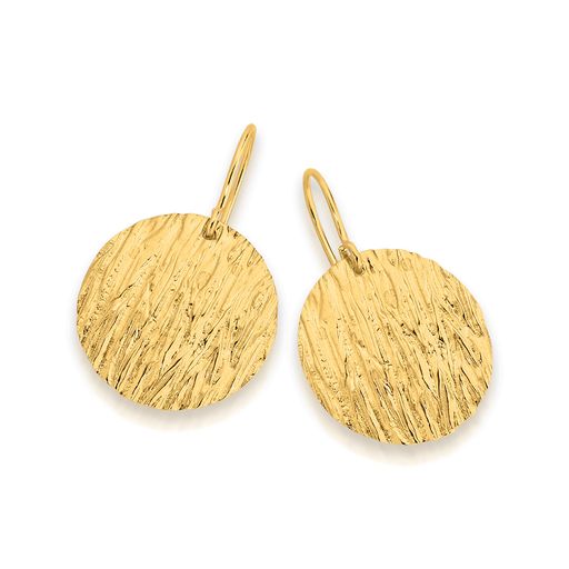 9K YELLOW GOLD & SILVER BONDED PATTERNED ROUND PLATE DROP EARRINGS