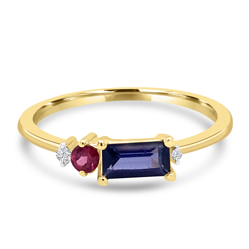 9K YG BAGUETTE LOLITE, ROUND RHODOLITE GARNET DIAMOND DRESS RING