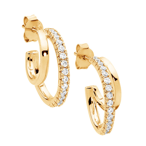 STG 17MM DOUBLE HOOP EARRINGS, 1X WHITE CZ WITH GOLD PLATING
