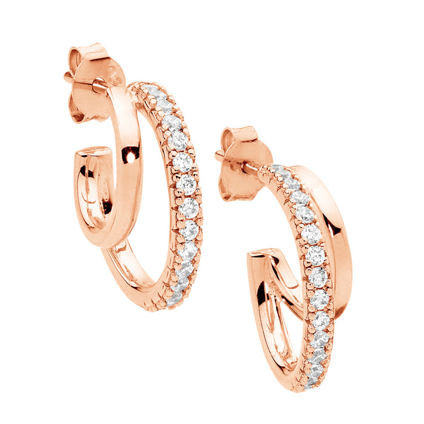 STG 17MM DOUBLE HOOP EARRINGS, 1X WHITE CZ WITH ROSE GOLD PLATING