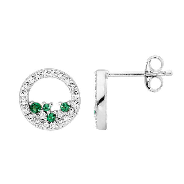 STG WHITE CZ 10MM OPEN CIRCLE EARRINGS WITH SCATTERED GREEN & WHITE CZ