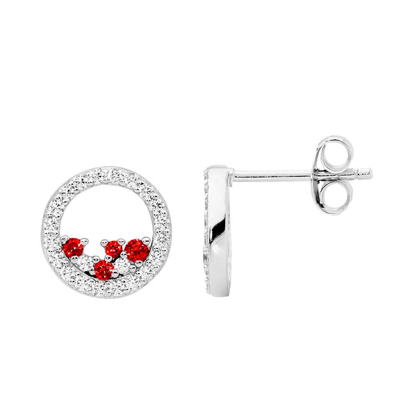 SS WH CZ 10MM OPEN CIRCLE EARRINGS W/ SCATTERED RED& WH CZ