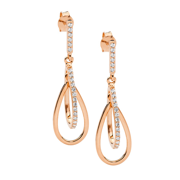 SS WHITE CZ DOUBLE OPEN TEAR DROP EARRINGS WITH RG PLATED