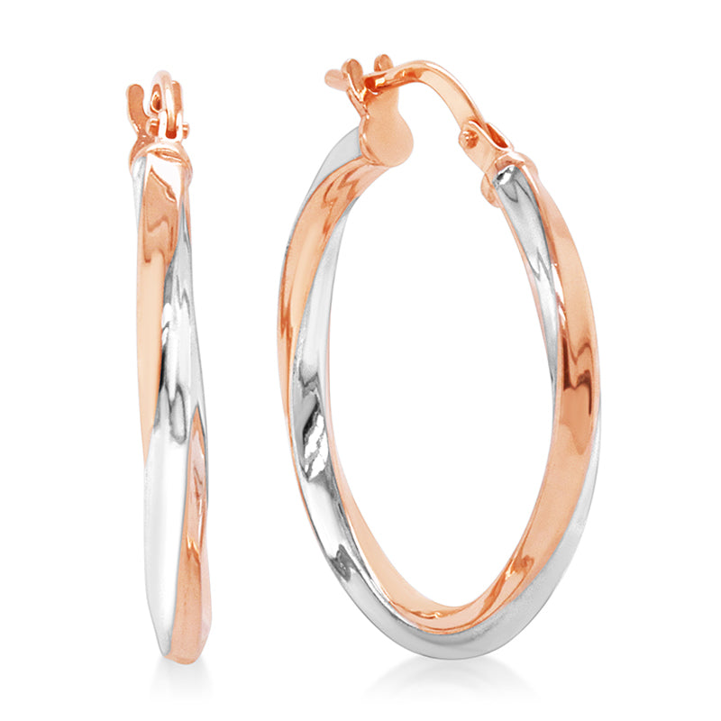 9CT RG & STG RHODIUM PLAT TWISTED HOOPS