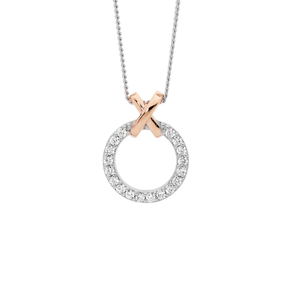 SS WH CZ 13MM CIRCLE W/ROSE GOLD PLT X PENDANT