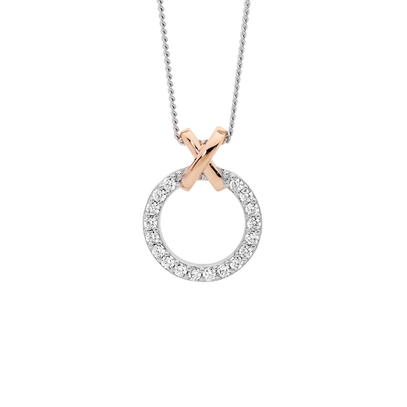SS WH CZ 13MM CIRCLE W/ROSE GOLD PLT X PENDANT