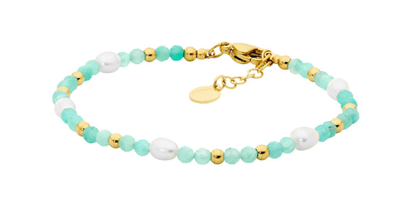 STAINLESS STEEL AMAZONITE & FRESHWATER PEARL 17.5CM BRACELET WIH GOLD IP PLATED