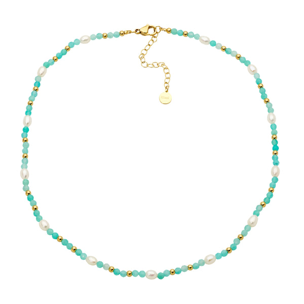 STAINLESS STEEL AMAZONITE & FRESHWATER PEARL 40CM NECKLACE W/ GOLD IP PLATING