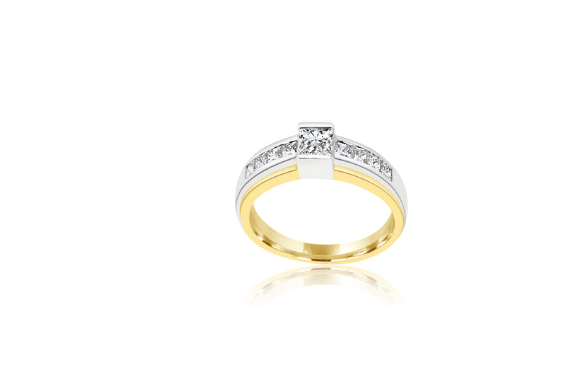 18K Yellow Gold & White Gold 2-tone Princess Cut 9-stone Diamond Ring