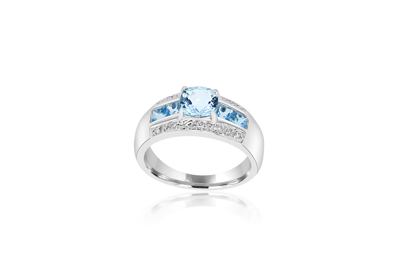 9k White Gold Blue Topaz & Diamond Dress Ring