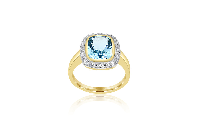 9k Yellow Gols Blue Topaz & Diamond Dress Ring