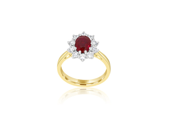 18K Yellow Gold & White Gold 2-Tone Claw Set Cluster Ruby & Diamond Ring