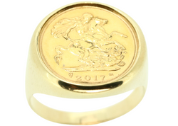 9K YELLOW GOLD HALF SOVEREIGN PLAIN RING WITH COIN