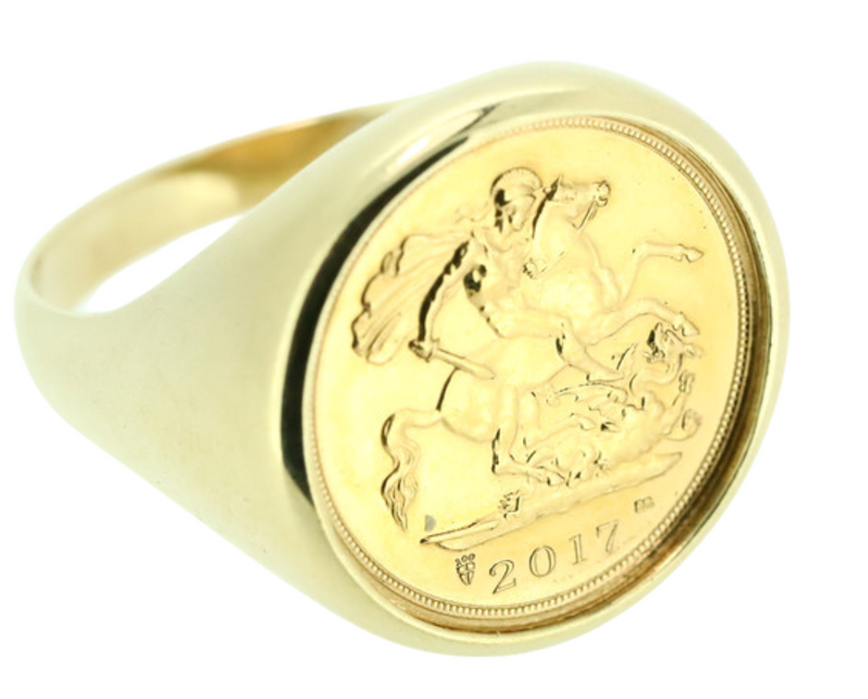 9K YELLOW GOLD HALF SOVEREIGN PLAIN RING WITH COIN