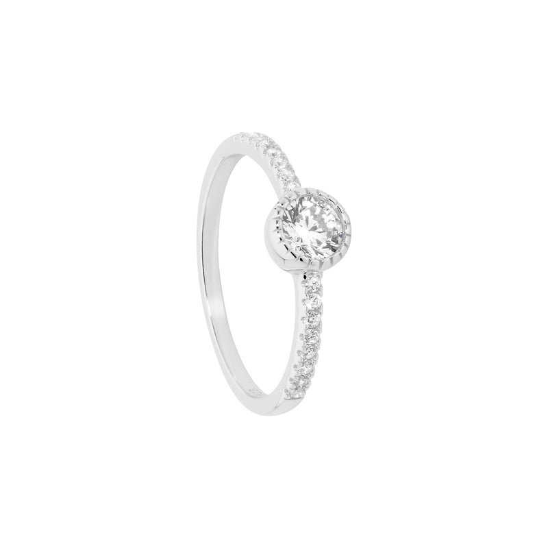 Ellani Stg Silver 5mm white CZ crown set solitaire ring with CZ band