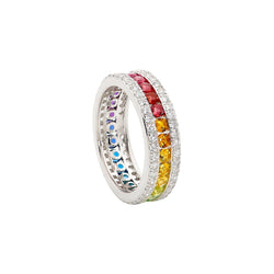 Ellani Stg Silver multi colour CZ channel set ring with white CZ surround