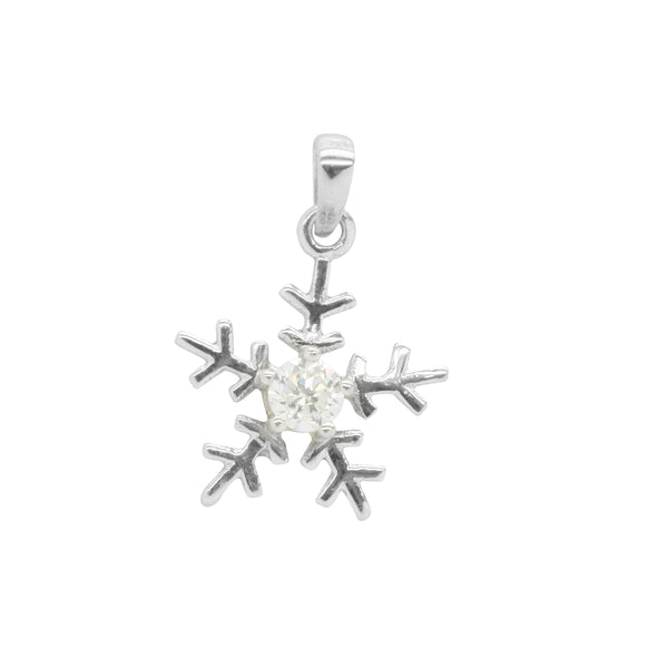 9k White Gold CZ Snow Flake Pendant with Sterling Silver Chain