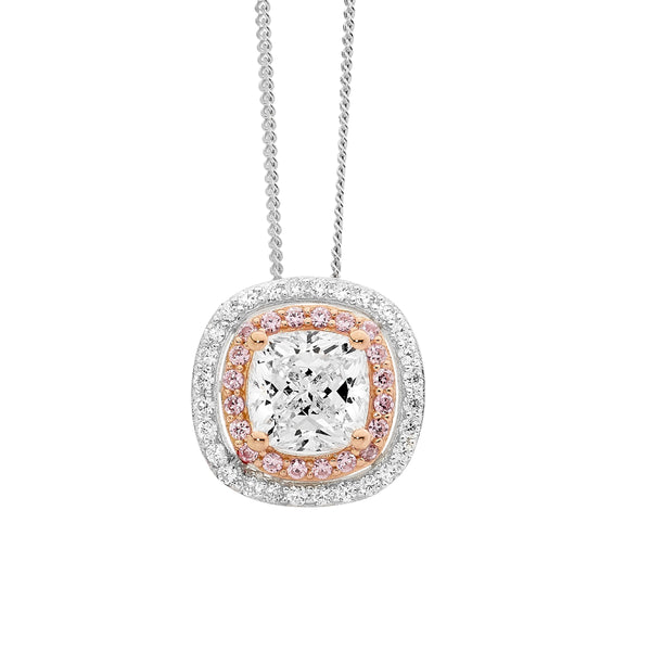 Ellani Stg Silver white & pink CZ bouble Halo cushion cut pendant with RG plated