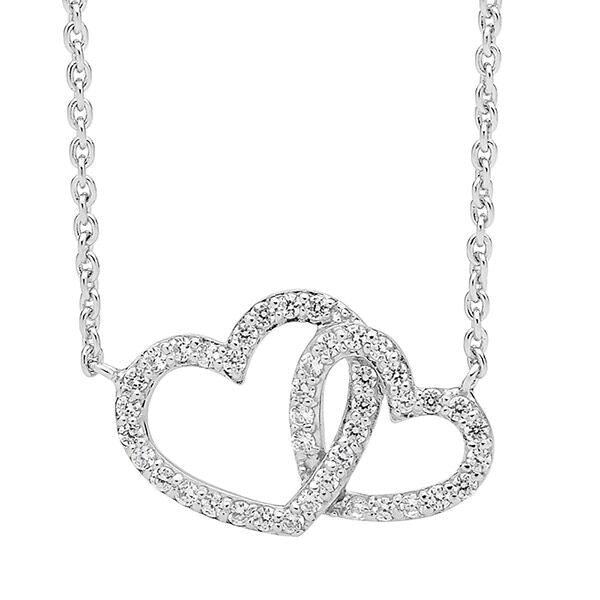 Ellani Stg Silver white CZ double heart pendant with attached chain