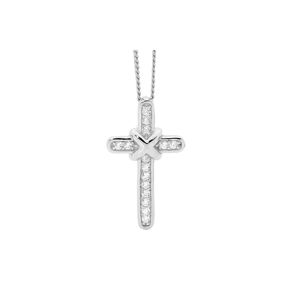 Ellani Stg Silver white CZ cross pendant with cross over feature