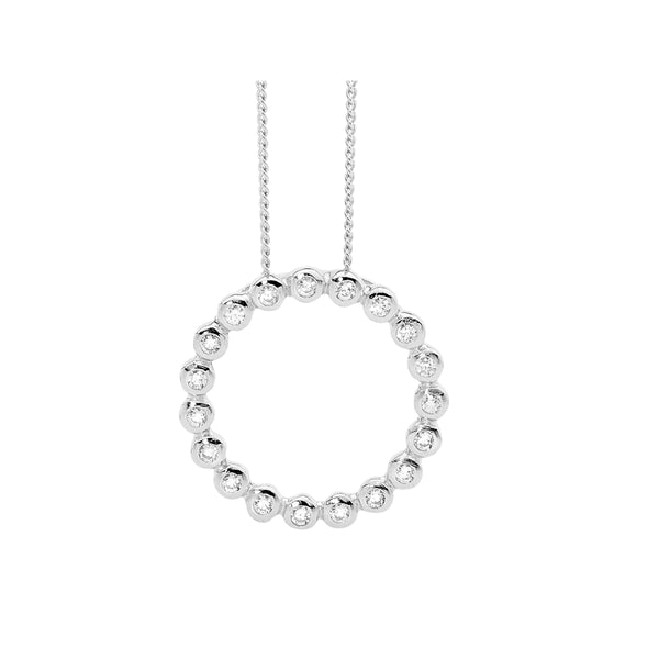 Ellani Stg Silver white CZ bezel set 2cm open circle pendant