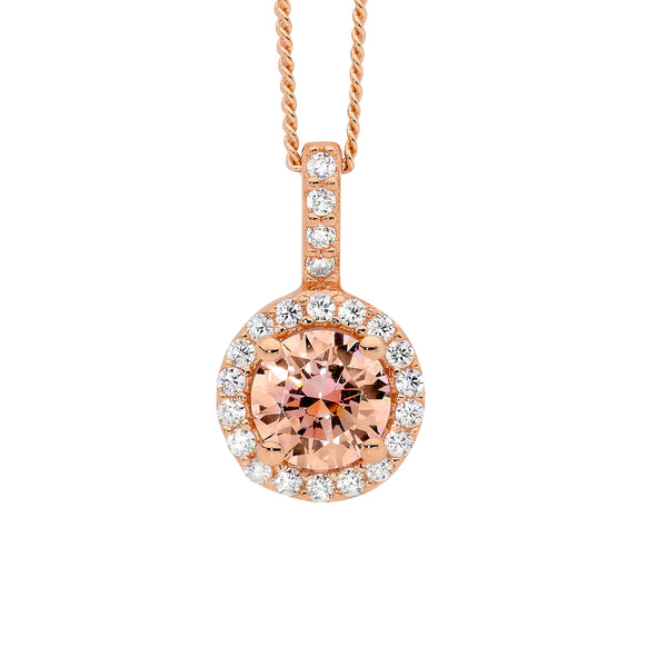 Ellani Stg Silver morganite CZ solitaire with white CZ surround pendant with RG Plated