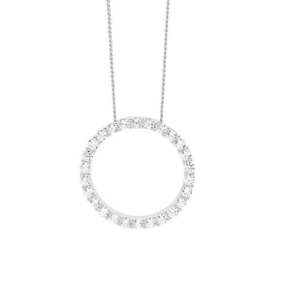 Ellani Stg Silver white CZ 15mm circle pendant