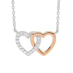 Ellani Stg Silver white CZ double linked heart Pendant attached with chain RG plated