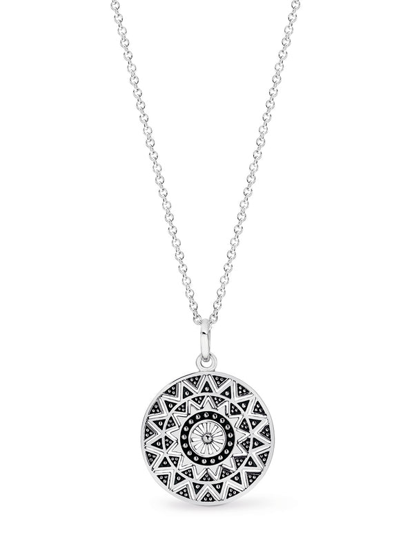 Stg Silver Round Detailed Maya Disc Pendant with 45cm Stg Silver Ball Chain