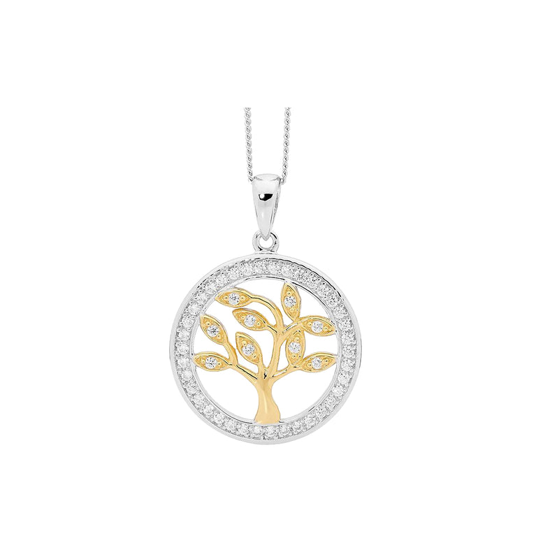 Ellani Stg Silver white CZ 'TREE OF LIFE' pendant with white CZ surround & GP