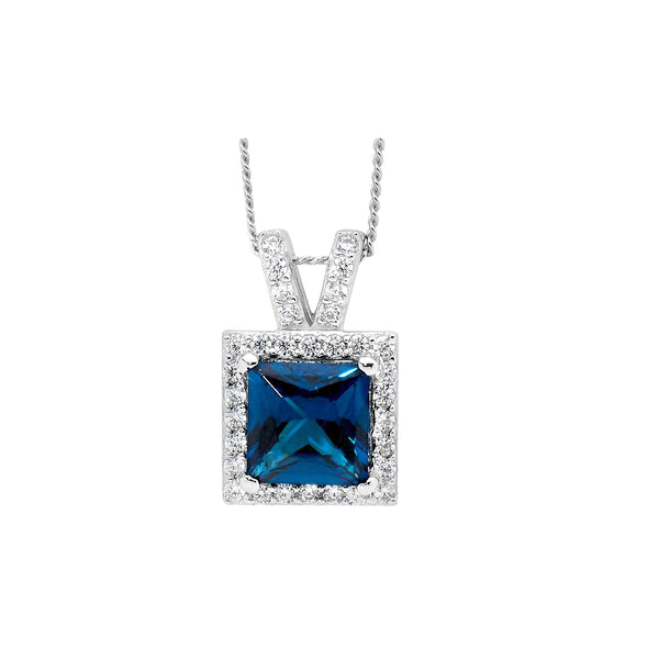 Ellani Stg Silver London blue 7mm princess cut CZ pendant with white CZ surround & split bale