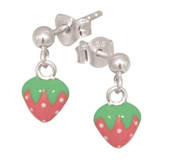Stg Silver Pink/Green Enamel Strawberry Children Drop Earrings