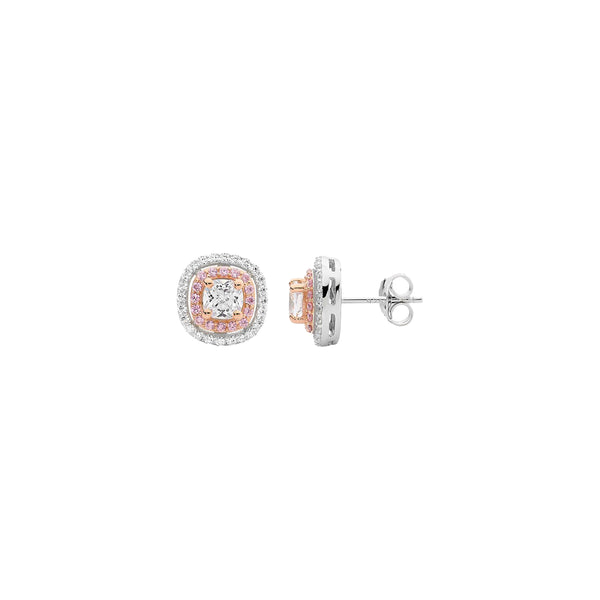 Ellani Stg silver white & pink CZ double halo cushion cut stud earings with RG plated