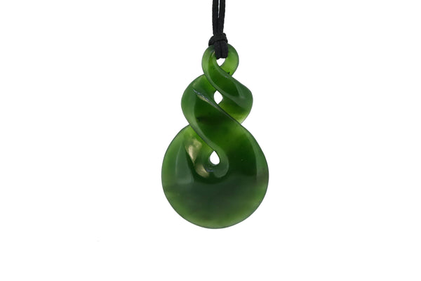 NZ greenstone double twist on leather cord carved by L. Gardiner