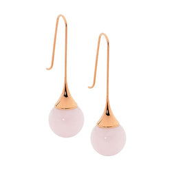 Ellani stainless steel long drop earrings with rose quartz ball & RG IP plate