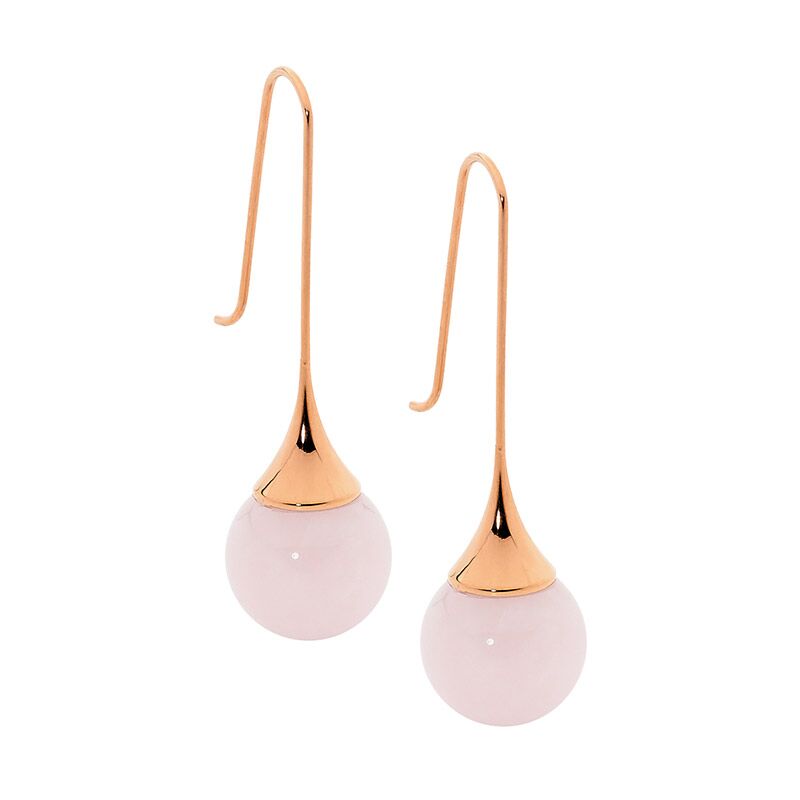 Ellani stainless steel long drop earrings with rose quartz ball & RG IP plate