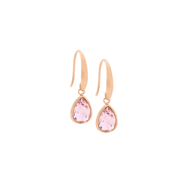 Ellani stainless steel tear drop earrings with pink glass & RG IP plat