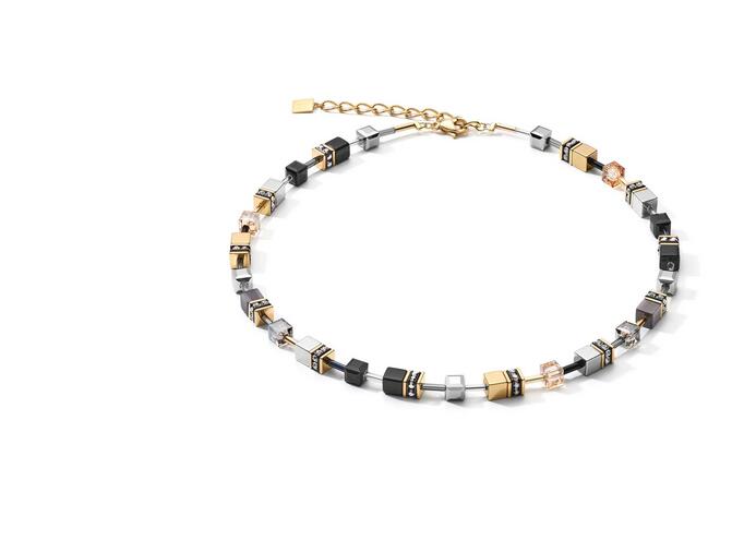COEUR DE LION NECKLACE, GOLD PLATED ST/ST GEO-CUBE IN BLACK/GOLD & TITANIUM OXIDE HEMATITE/ SYNTHETIC TIGER EYE/ RHINESTONE/ GLASS & EUROPEAN CRYSTALS