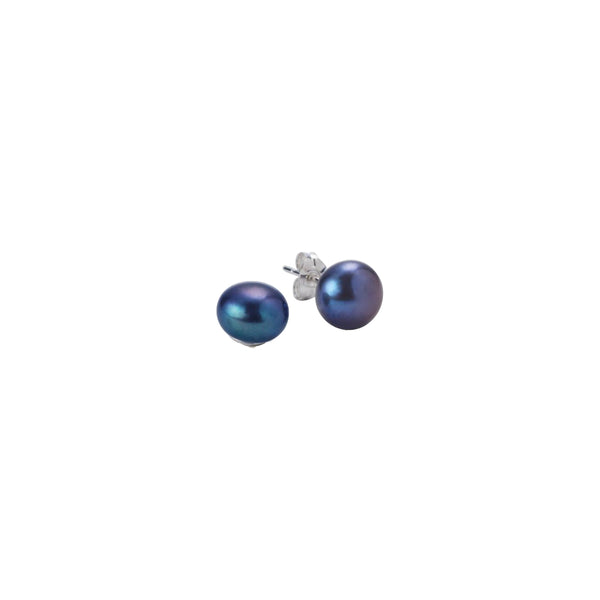 Stg Silver FW 8mm Dyed Black Button Pearl Studs