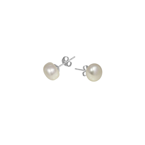 Stg Silver FW 9mm White Button Pearl Studs