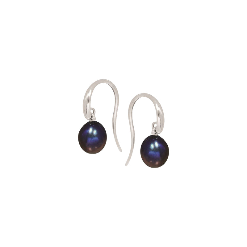Stg Silver Swinging Hook with FW 7-7.5mm Dyed Black Pearl Drop Earrings