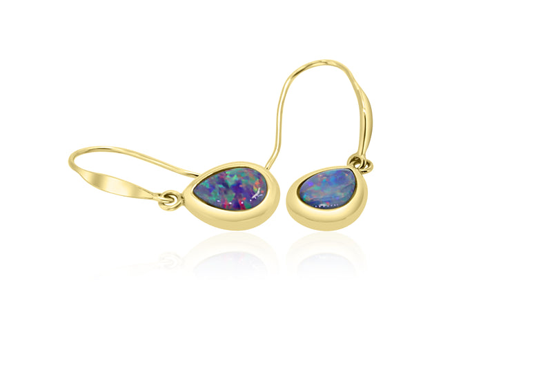 14k Yellow Gold Pear Shape Double Opal Drop Earrings
