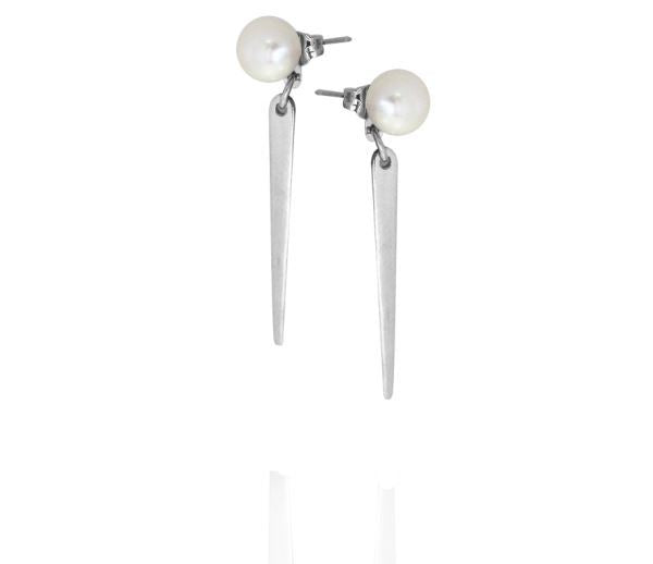 Stg Fresh Water White 7mm Button Pearl Studs with 30mm Dagger Drop Earrings
