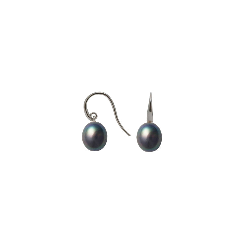 Stg Silver Swinging Hook with FW Pearl 8.5-9mm Dyed Black Drop Earrings