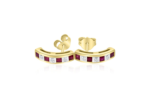 9K Yellow Gold Diamond & Ruby  ½ Hoop Earrings