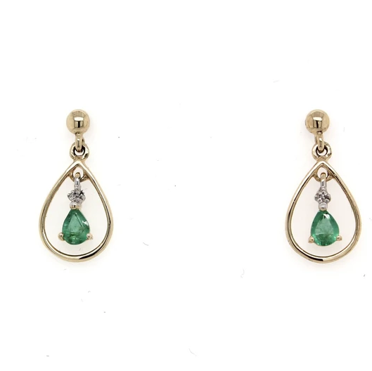 9K Yellow Gold Pear shape Emerald & Diamond Earrings with Fine Gold Halo