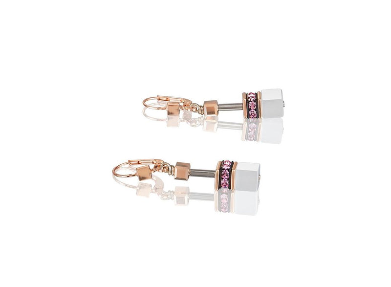 Coeur De Lion Earrings,  ST/ST ROSE GOLD PLT, ROSE/WHITE/SLIVER GEO-CUBE WITH RHINESTONE/GLASS SYNTHETIC TIGERS EYE & SWAROVSKI CRYSTAL WITH ST/SIL FITTINGS
