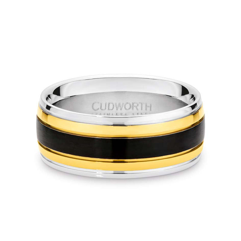 CUDWORTH STAINLESS STEEL BLACK & GOLD RING, SIZE S