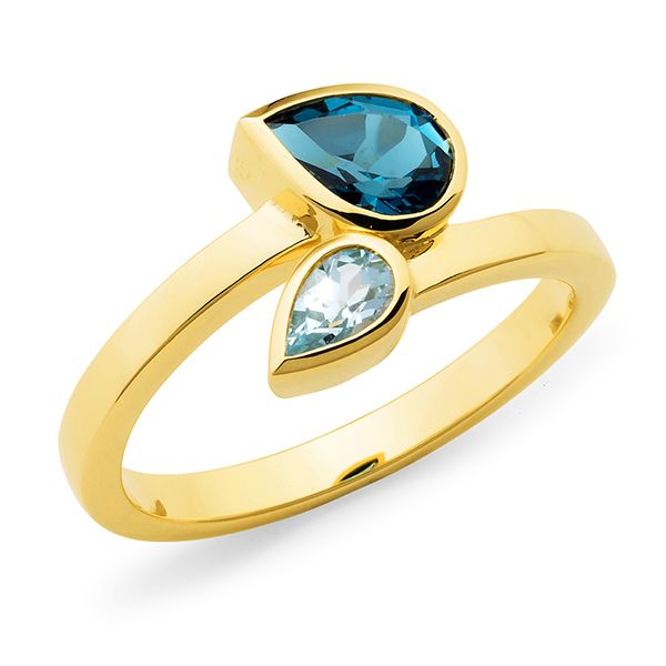 9K YELLOW GOLD RING 1* LOND BLUE TOPAZ PEAR 1* BLUE TOPAZ PEAR BEZELS ON OFFSET BAND