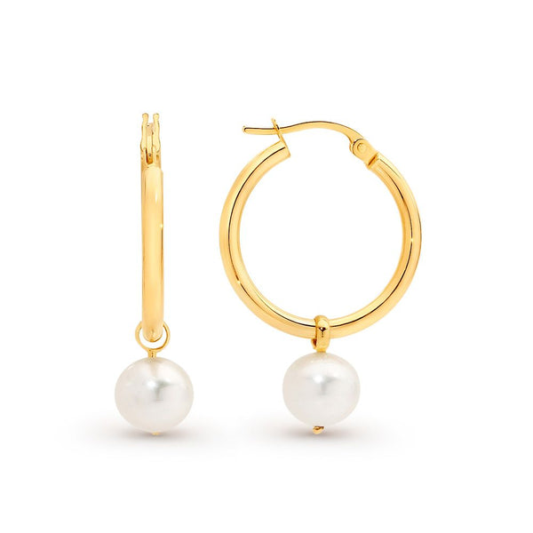 9K YELLOW GOLD HOOP WITH 7MM ROUND WHITE FRESH WATER PEARL DROP EARRINGS